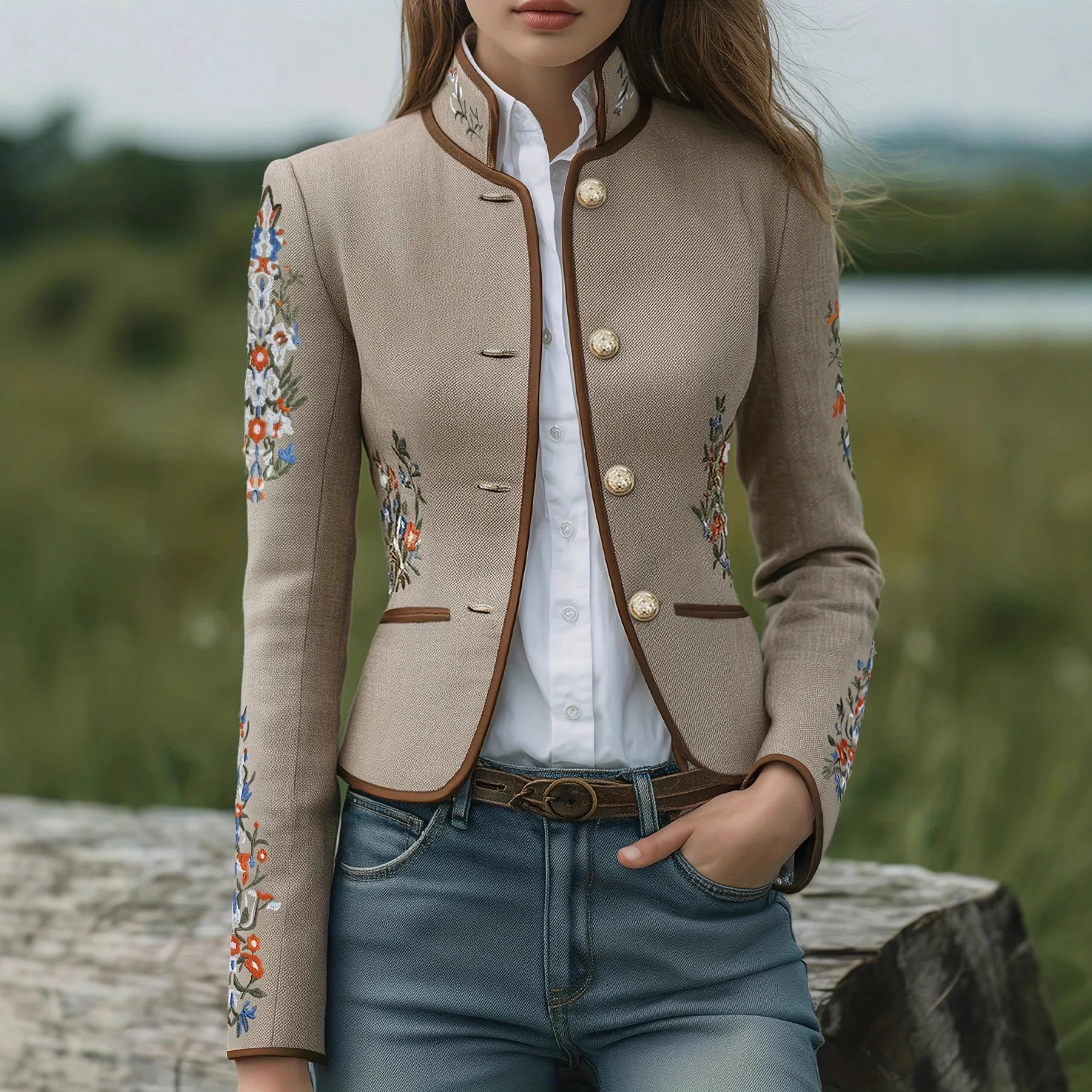 

Женская весенняя куртка 2026 с цветочной вышивкой, винтажная, с цветовыми блоками, воротником-стойкой, приталенная, шикарная офисная женская куртка