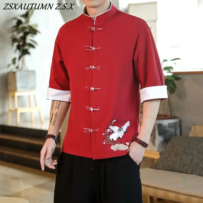 Summer Crane Embroidery Top Traditional Chinese Clothing for Men Vintage Half Sleeve Linen Shirts Madarin Collar Hanfu Kungfu