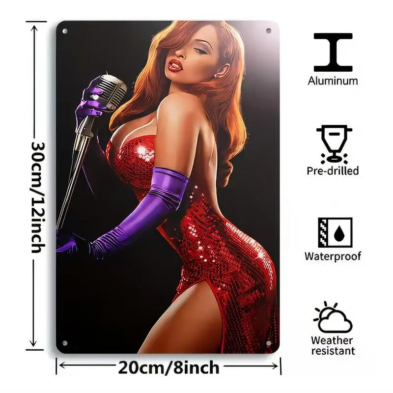 Vintage Pin - Up Singer Aluminum Metal Sign, 20x30cm Waterproof Weather - Resistant, Pre - Drilled Wall Art (Red Dress, Purple G