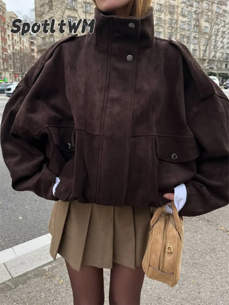 Women Dark Brown Faux Suede Bomber Jacket Stand Collar Zip Snap Button Shoulder Tab Pockets Oversized Cropped Vintage Outerwear
