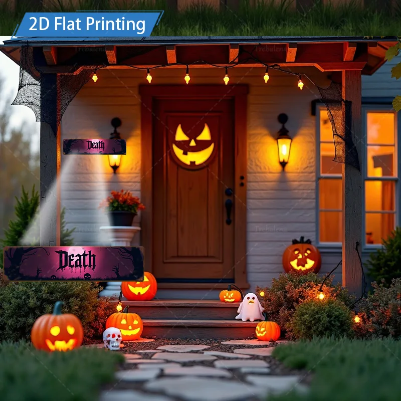 1pc Metal Sign, 4x16inch Halloween "Death" Scene Flat Printing Metal Sign with Pumpkin and Bat Decorations