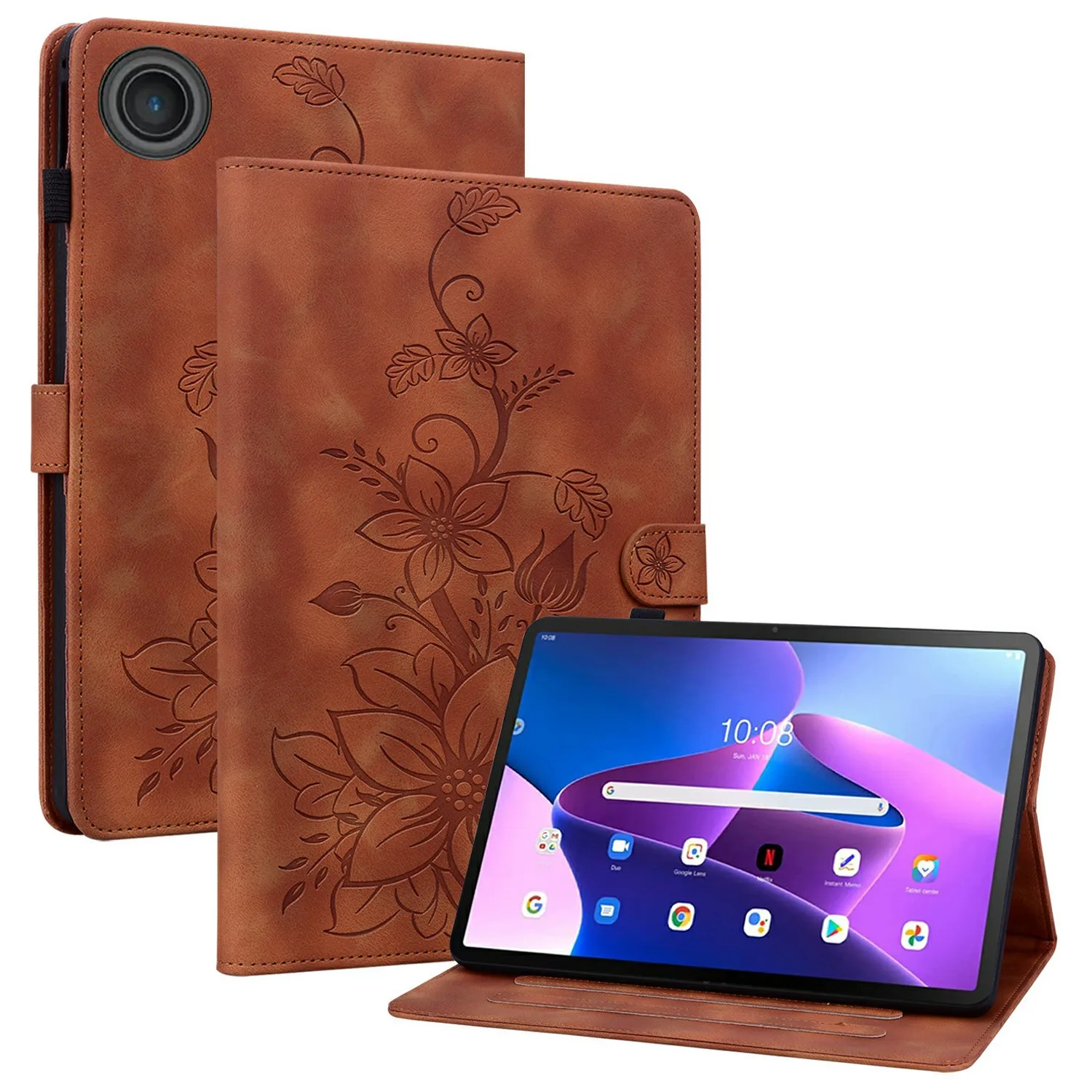 

For Lenovo Tab TB311FU Case Lily Flower Imprint Card Slots Leather Tablet Cover - Brown