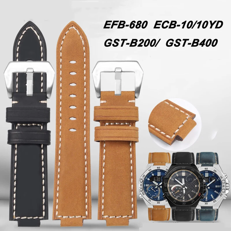 Retro frosted crazy horse lea-ther watchband for Casio EFB-680 ECB-10/10YD GST-B200/B400 cowhide strap 12/14/16mm Convex mouth