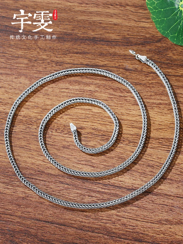 925 Silver Vintage Fox Tail Necklace for Men, Chinese Style, Simple Hip-Hop, Unique, Single, Trendy, Decorative Braided Necklace