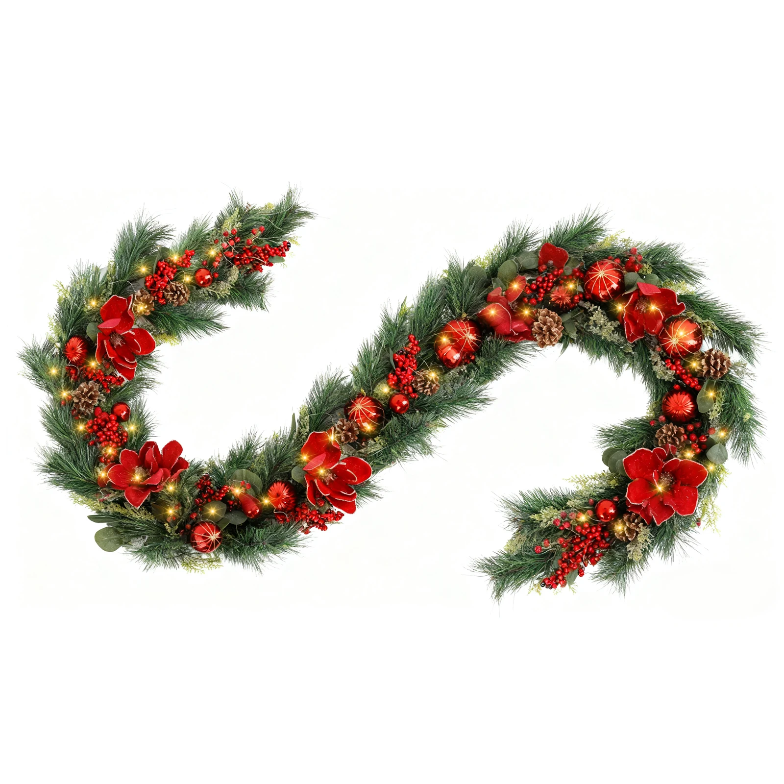 

9ft Pre-lit Artificial Christmas Garland with 100 LED Lights Battery Operated with Red Flowers, Berries, Pine Cones Indoor Out