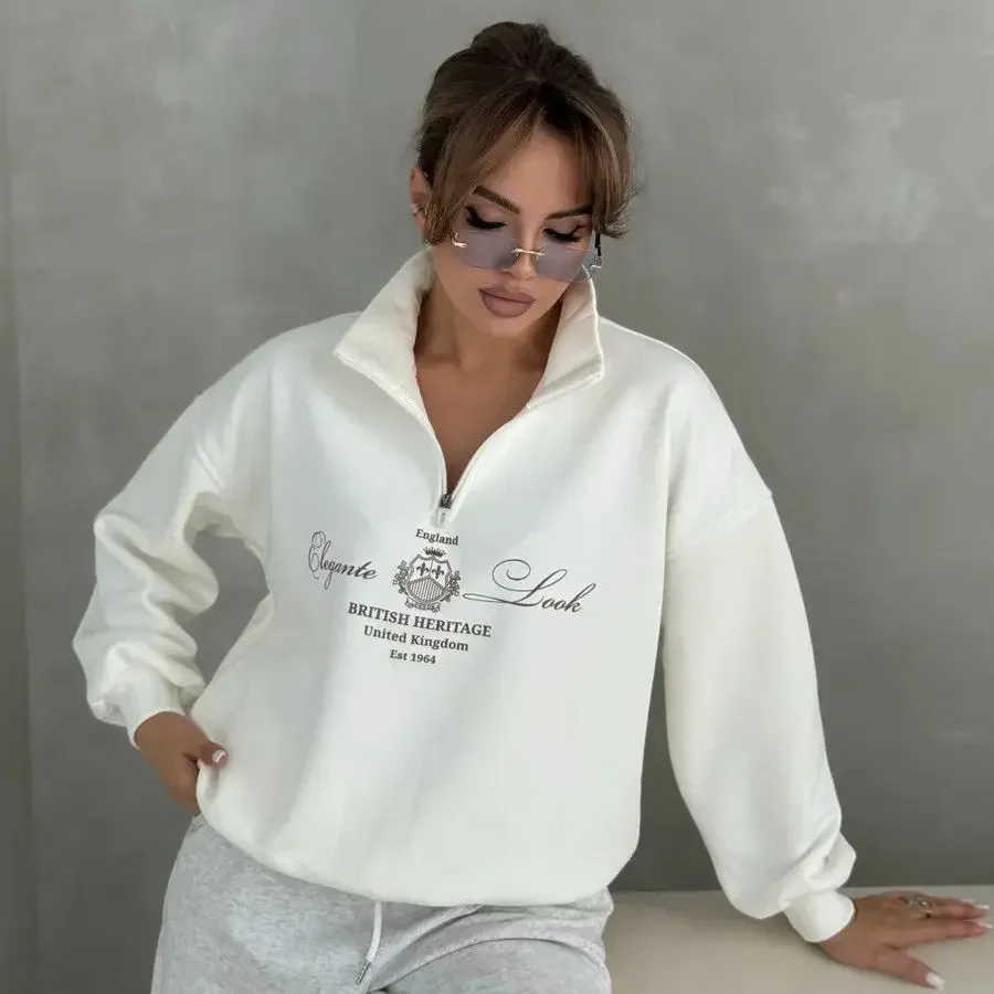 Vintage Britischen Stil Revers Shirts Zipper Drehen-unten Kragen Sweatshirt Lose Freizeit Herbst Elegante Frauen Große Größe Streetwear