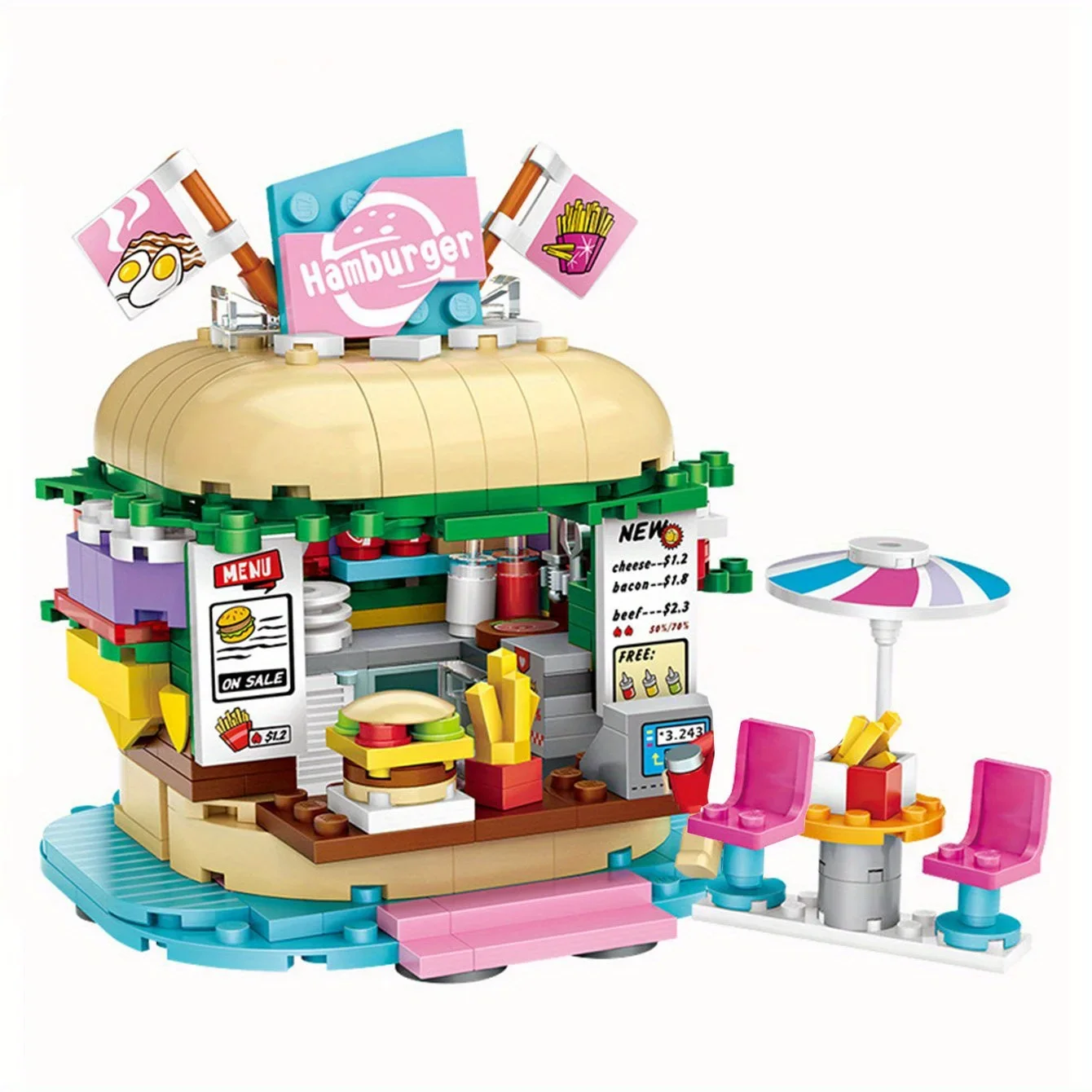 Cartoon Cake Shop Burger Shop, French Fries Shop Beverage Shop , Toast Shop , Ice Cream Shop , Mini Building Blocks ,