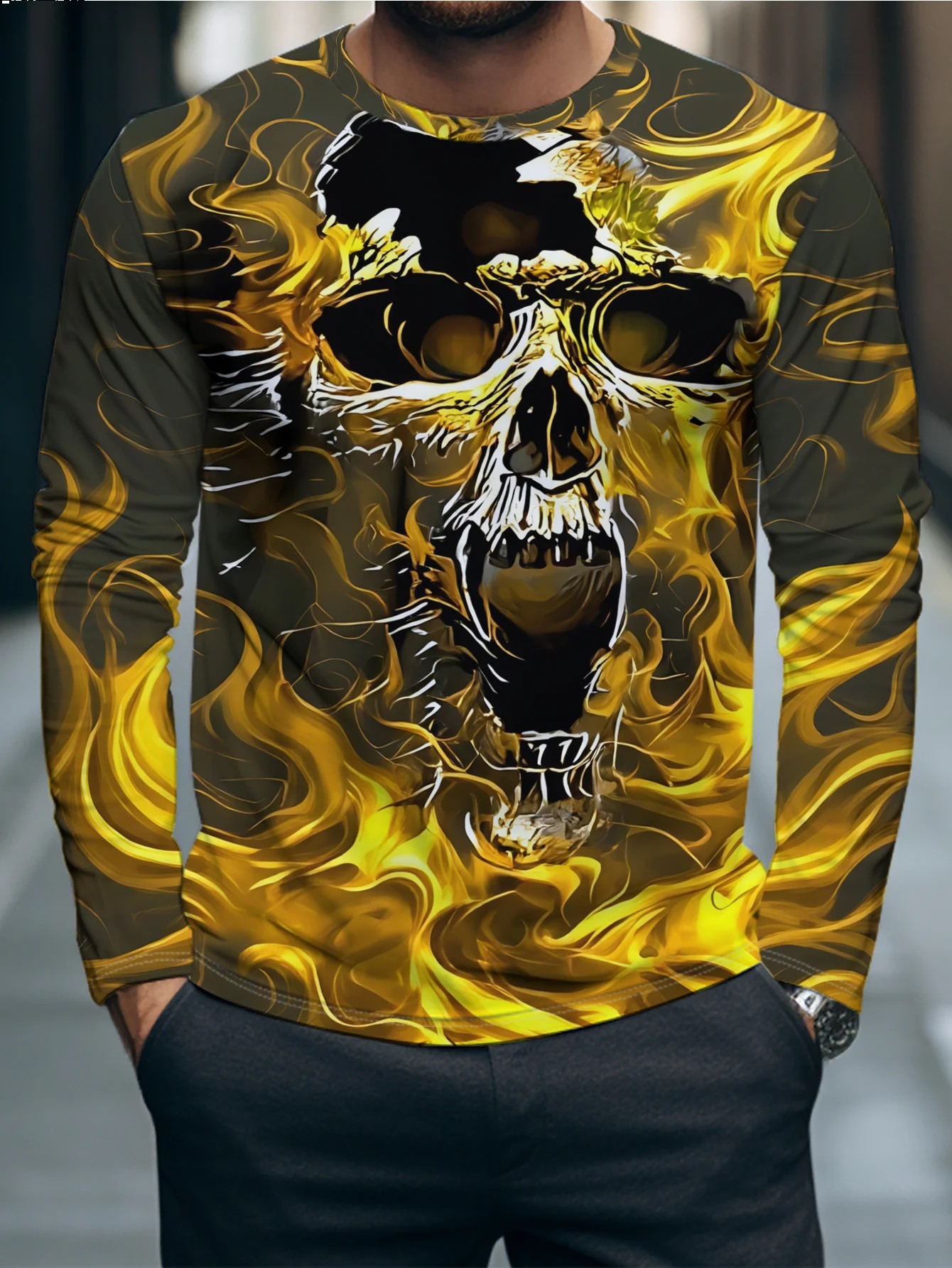 Men's Long Sleeve T‑Shirt Fiery Golden Skull Flame Graphic Print Crew Neck Gothic Streetwear Casual Top