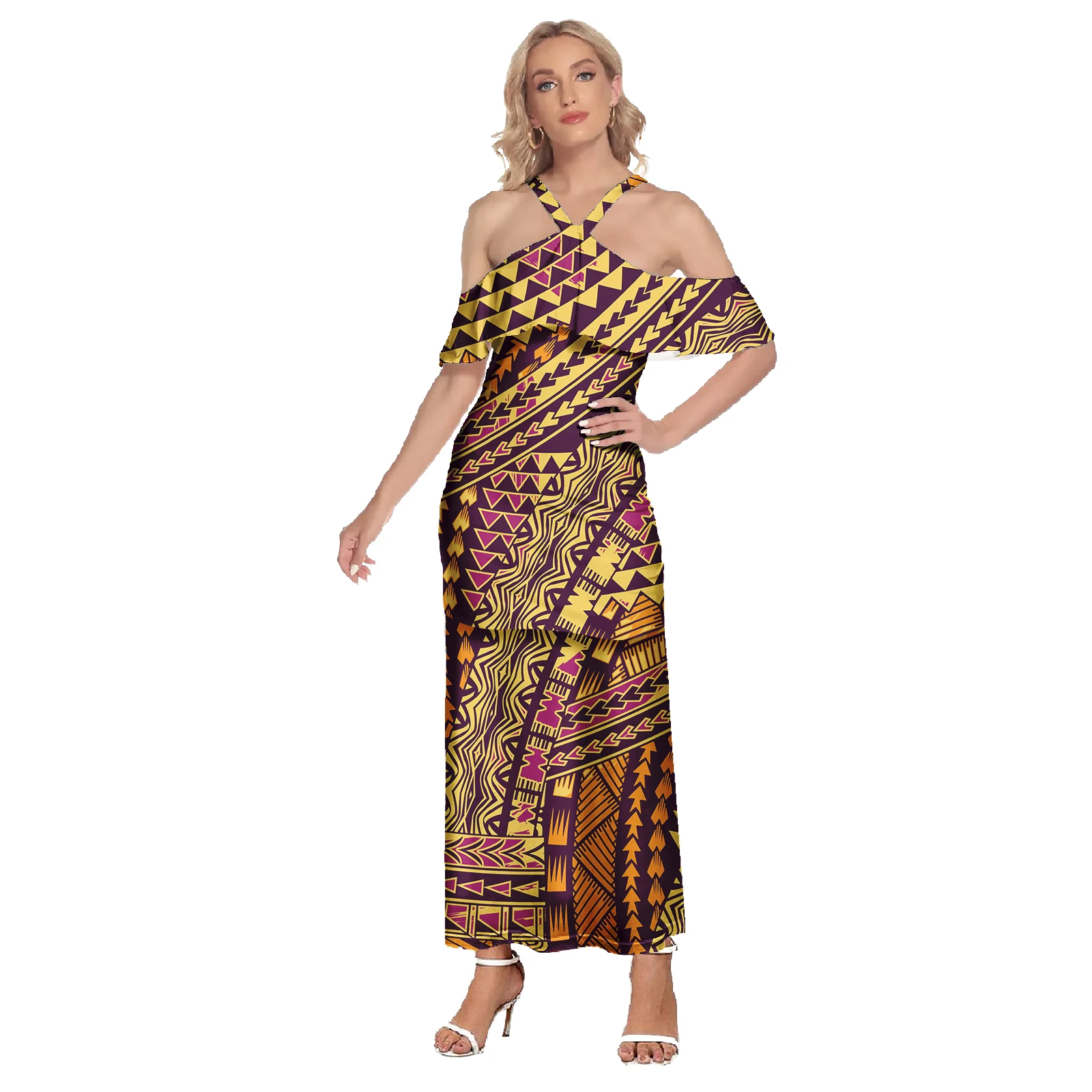 Women Polynesian Tribal Samoan Tapa Flower Print On Demand Maxi Dresses Custom Samoan Puletasi Two Piece Elegant Dresses