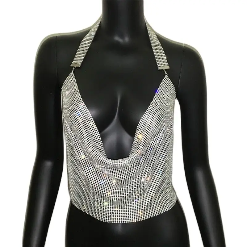 Sparkly Nightclub Rhinestone Tank Top For Women Party Halter Backless Deep V-neck Crop Tops Diamonds Sequins Festival Outfits