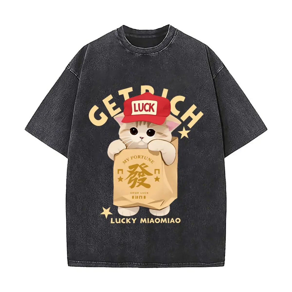 Get Rich Luck Lucky Cat My Fortune Good Luck Miaomiao Washed Distressed Loose Streetwear Tops for City Walks