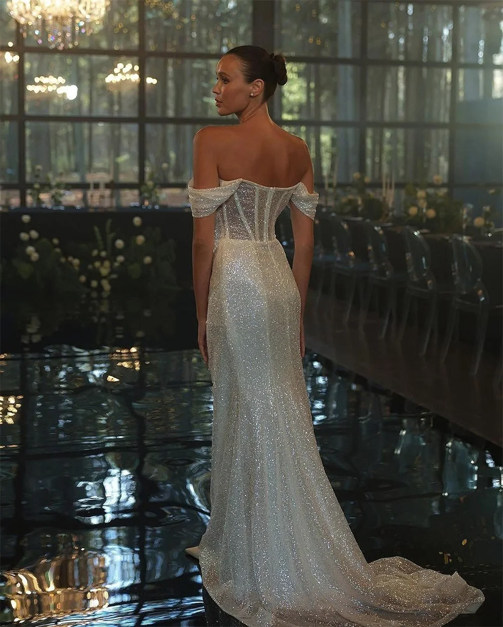 Tokyo Customized Silver Off Shoulder Wedding Dress Short Sleeve Back Zip Sexy Bridal Gowns Mermaid Court Train Wedding Gowns
