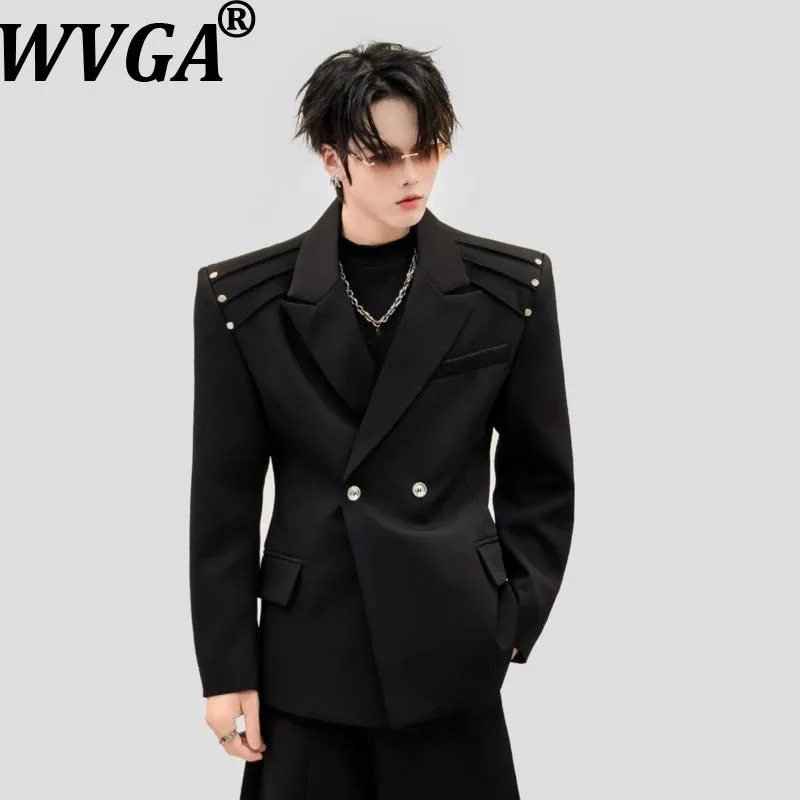 WVGA Spring Autumn New Men Tide Shoulder-padded Blazer Pleated Rivet Design Niche Chic Casual Turn-Down Collar Jacket Ins W26529