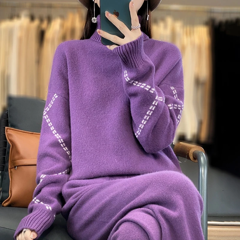 Women Suits 100% Wool Knitting Pant Ladies Sweater+Wide Leg Pants Autumn Winter Solid Color Soft Warm Pullovers for Female YP01