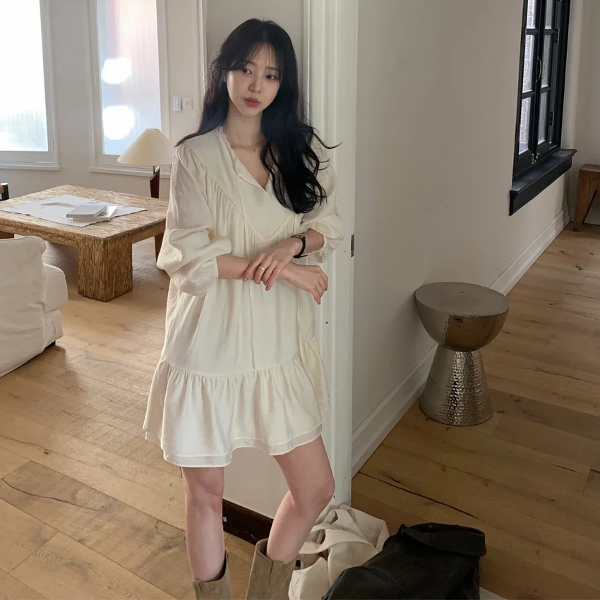 Estilo coreano doce solto renda com decote em v gravata arco babydoll manga bolha vestido para meninas, verão nova chegada