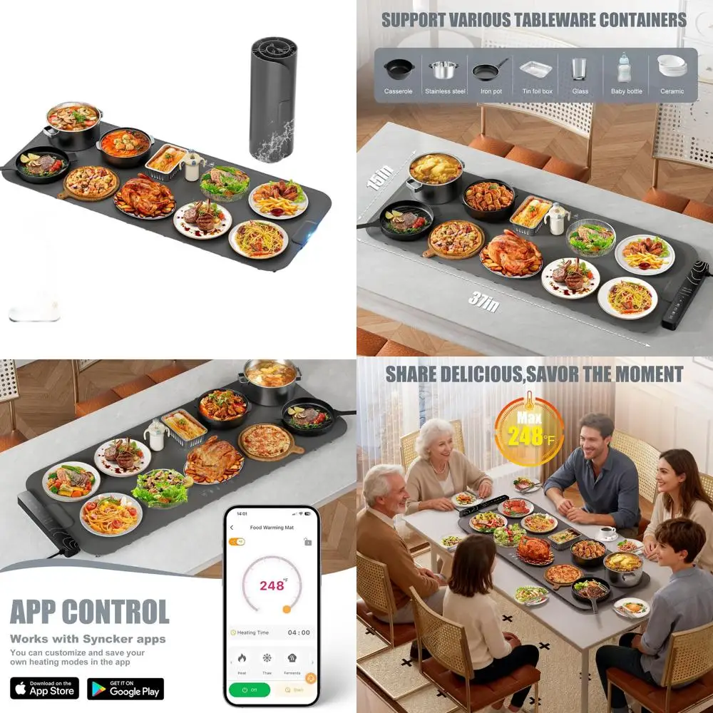 

Большой электрический коврик для подогрева еды 37x15 дюймов с быстрым нагревом и управлением через приложение для вечеринок и фуршетов, таймер на 99 часов, портативный