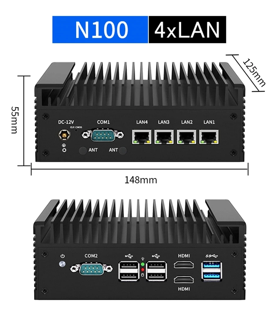 산업용 미니 PC 베어본 효율적인 냉각 소프트 라우터, 12 세대 인텔 i3 N305 N100 방화벽, 2.5G, 4x i226-V LAN, DDR5 2 * COM