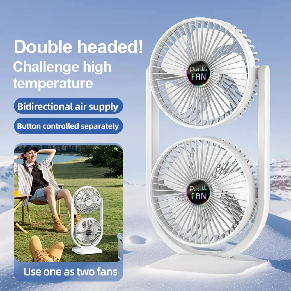 USB Rechargeable Desktop Fan Double-headed Desktop Fan Five-speed Wind Speed with Night Light Outdoor Picnic Home Office Use