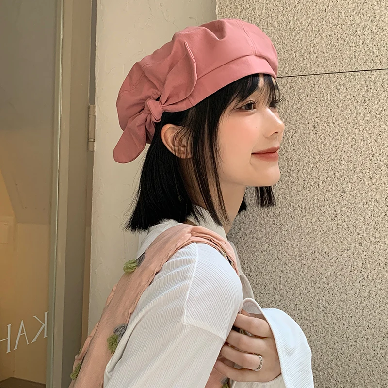 Bow Beret Female Spring and Summer Fashion Simple Show Face Small Everything Painter Hat Fresh Artistic Cute Pink Hat Female