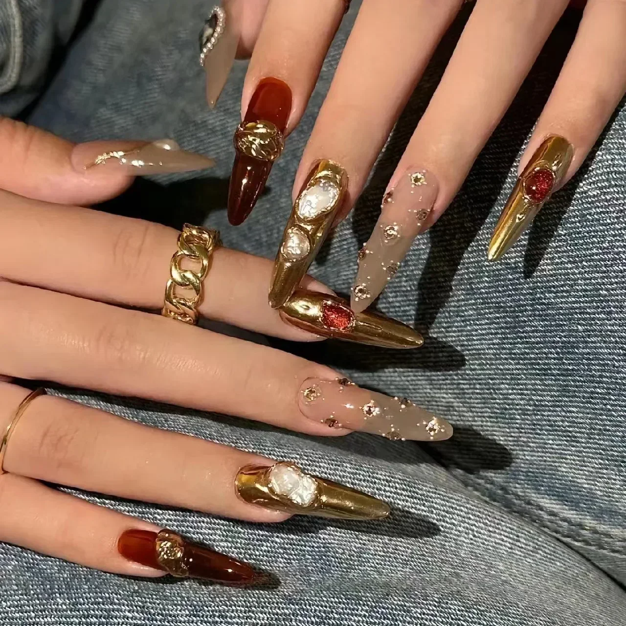 

10Pcs Gold French Handmade Almond Press on Nails Ballet Rhinestone Full Cover Fake Nail Metal Manicure Wearable Nail Tips Art