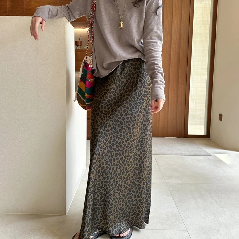 

Silky Satin A-Line Fi Tail Skirt Autumn Winter New Sle Self-Kee True Silk Leopard Print 9 Momme Women's f Skirt