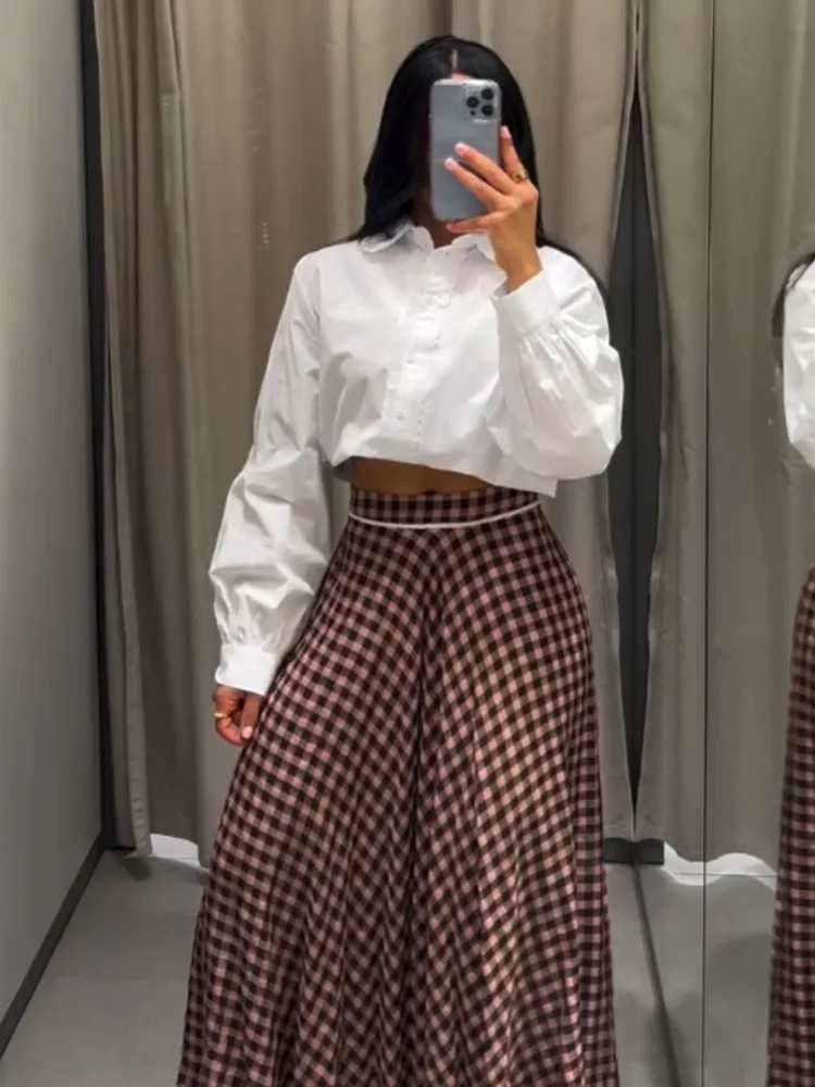 

Женская модная универсальная юбка миди в мелкую клетку с кружевной отделкой, весенняя, с высокой талией, на молнии сбоку, повседневная, в уличном стиле