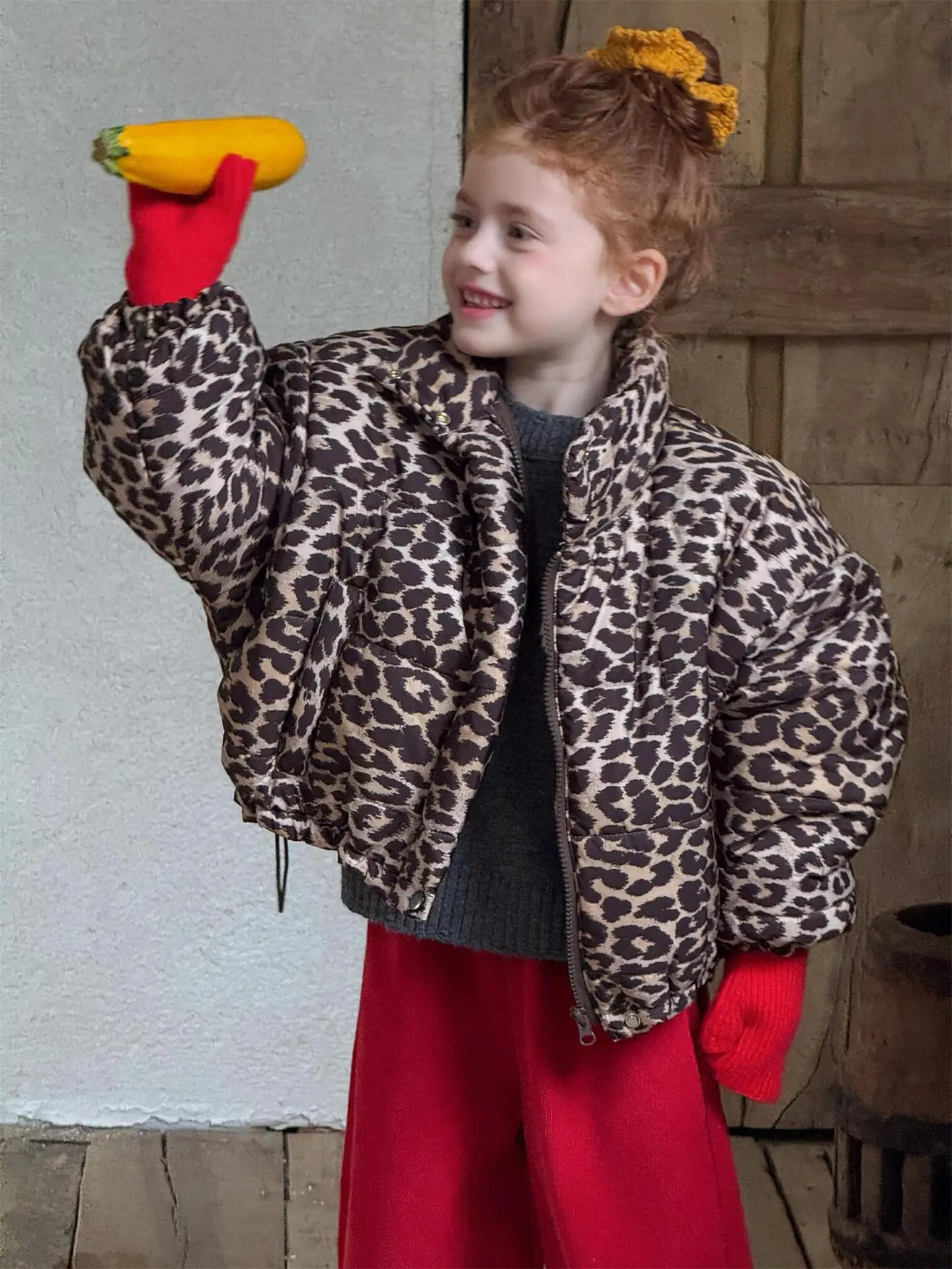 Korean Children Clothing 2025 Autumn Winter New Girls Coat Leopard Print Casual Bat Short Cotton Jacket