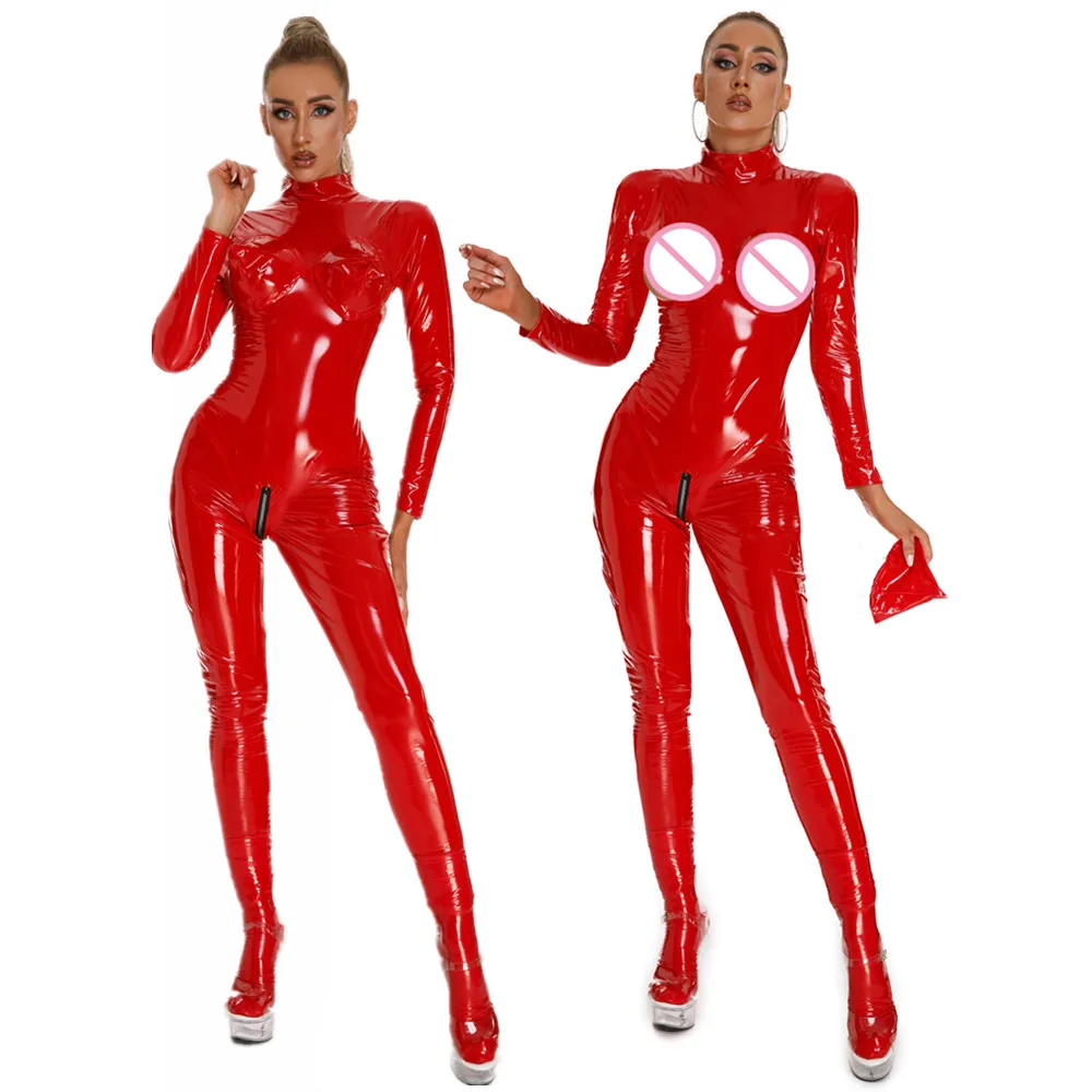 

Double Zipper Open Crotch Leather Catsuit Erotic Women Sexy Bodysuit Long Sleeve Glossy PVC Shaping Jumpsuit