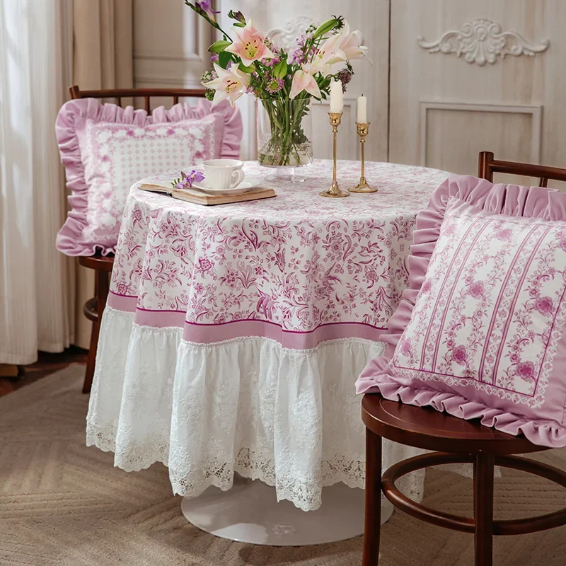 Violet Round Tablecloth Purple Light Luxury Vintage Diningtable Cloth Home Decor Elegant Lace Stitching Tablecloth Customization