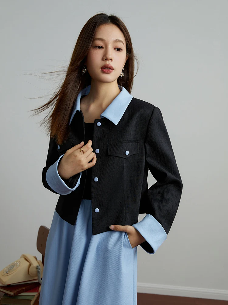 DUSHU 【Jacket+Dress】Two Piece Sets Korean Design Sense Commuting Two-piece Set 2023 Autumn New Patchwork Long Dress Short Jacket