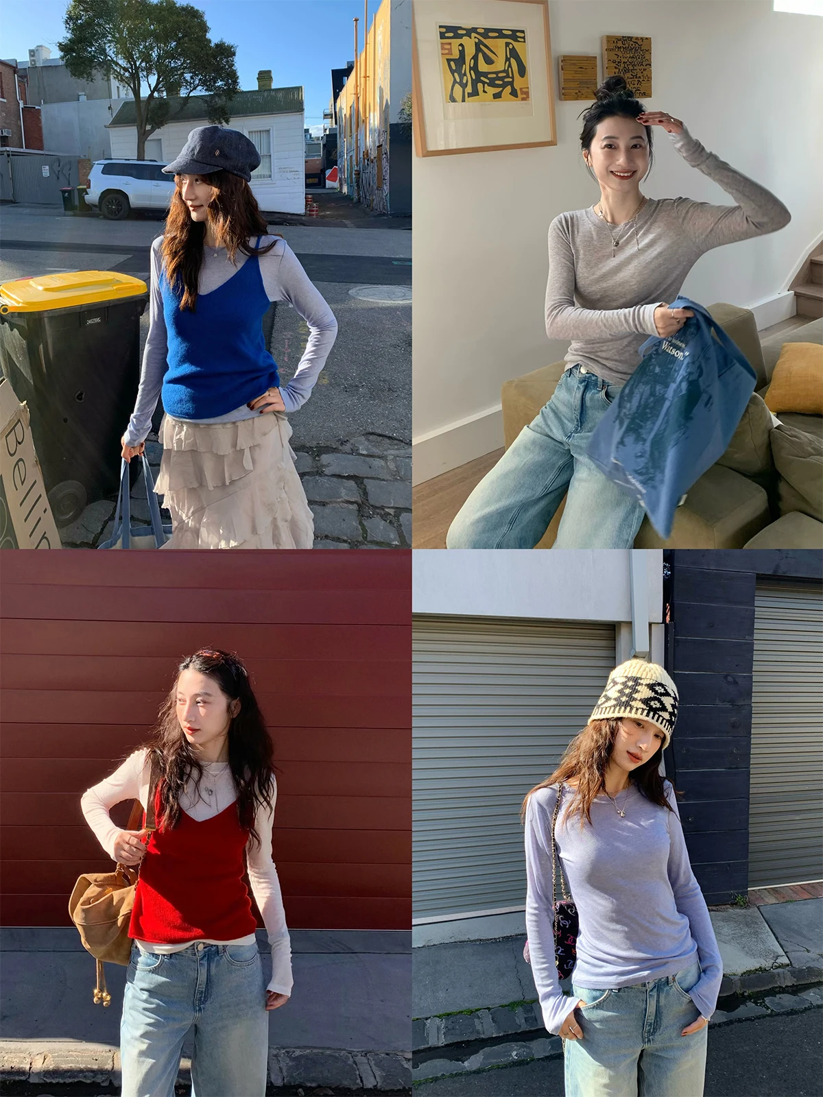 

Tetu Studio 2025SS Tri-Color Silk Wool Frayed Collar Design Close-Fitting Long Sve Women's T-irt Commute Sle Pure Color