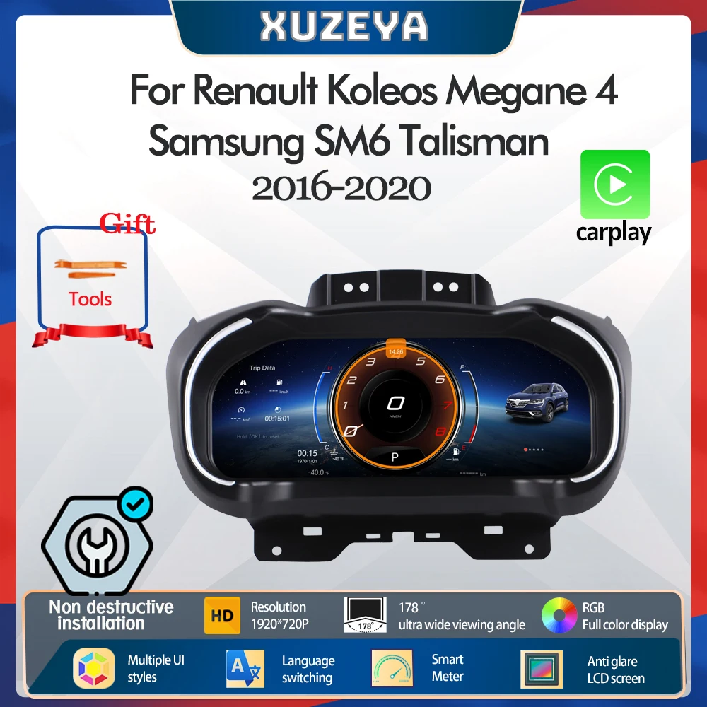 12.3' LCD Digital Instrument Cluster For Renault Koleos Megane 4 Samsung SM6 Talisman 2016-2020 Speedometer Carplay Android Auto