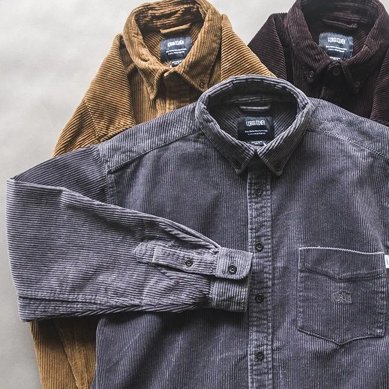

Worn-In Look Men's Corduroy Work Shirt Jacket Worn Resistant Loose Fit Spring Autumn Heavy Duty Pocket Detail Long Sleeve Top