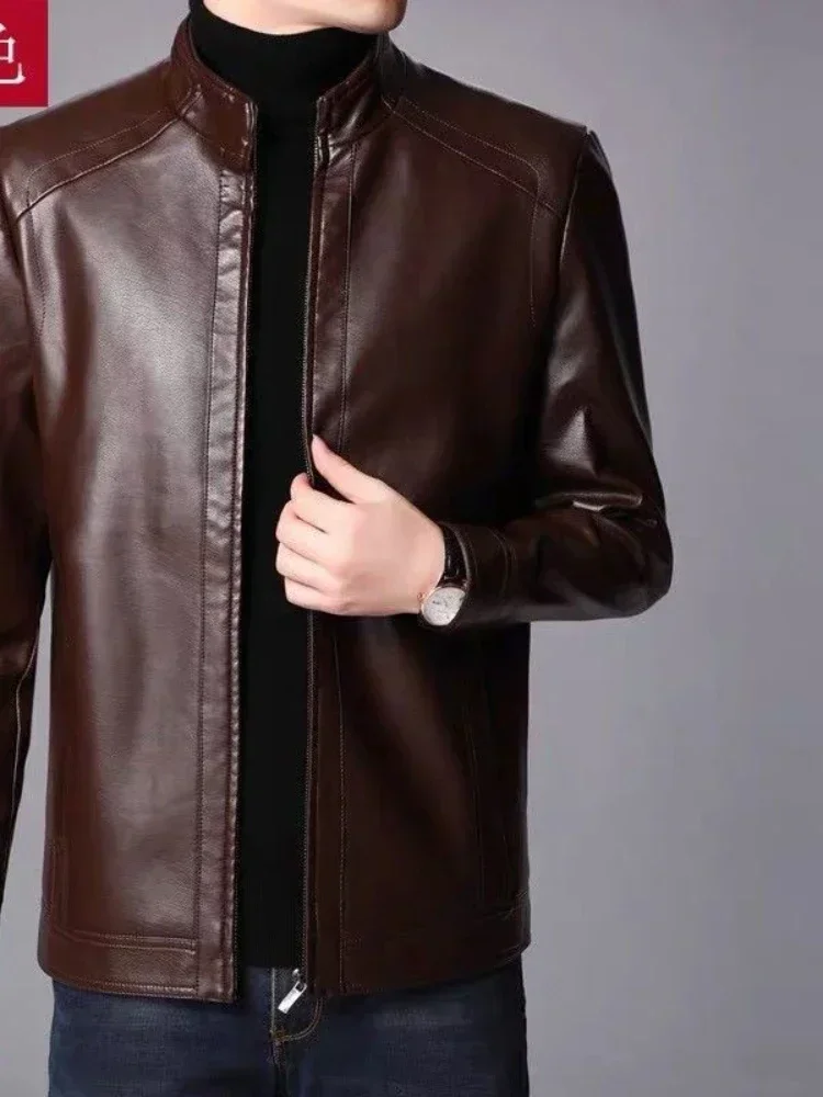 

Faux Leather Men Jackets Coats Stand Collar Zipper Coat Solid Casual Regular Splice Simple Jacket Outerwear Autumn Winter