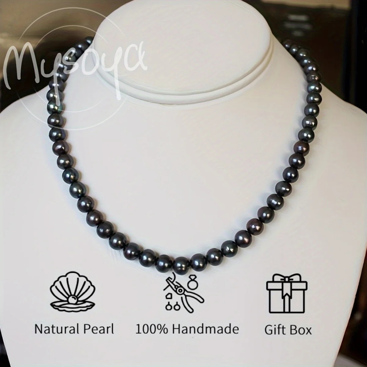 

MYSOYA 7-8mm Natural Black Freshwater Long Pearl Necklace For Women Men Multi Size Gift Box Birthday Christmas New Year Gift