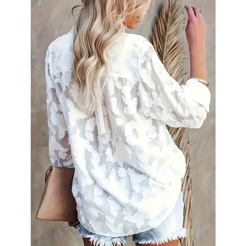 حجم كبير 1XL-5XL جديد الخريف المرأة قميص طويل الأكمام الشيفون الجاكار شبه شفافة بحر #3