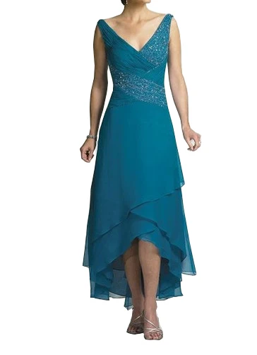 Chiffon Moeder Van De Bruid Jurken Met Jacket Tiered V-hals Criss-Cross Plooi Turquoise Crème Hoge Lage Wedding Party gown