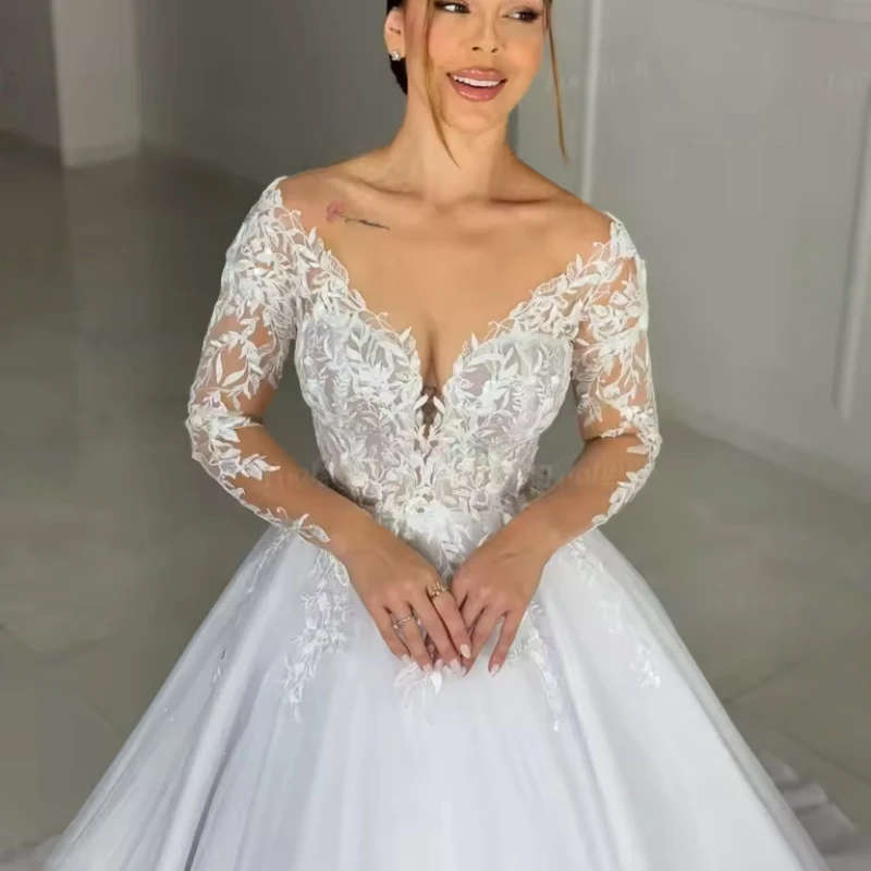 

White A Line Shiny Tulle Satin Customized Wedding Dresses Lace Long Sleeves Bride Gowns Formal Party Bridal Photography Wear