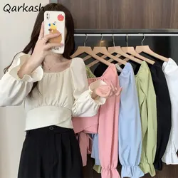 Blouses Women Vintage Casual 6-colors Sweet Female Spring Bandage Elegant Square Collar Streetwear Gentle Ins Daily Simple Chic