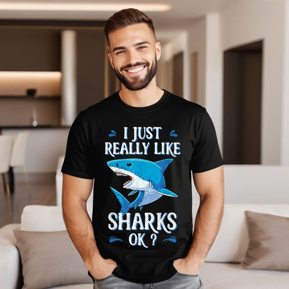 I Just Really Like Sharks Tees Loose Round Collar Normal Short Sleeve Combed cotton Men's T Shirts Casual T Shirt