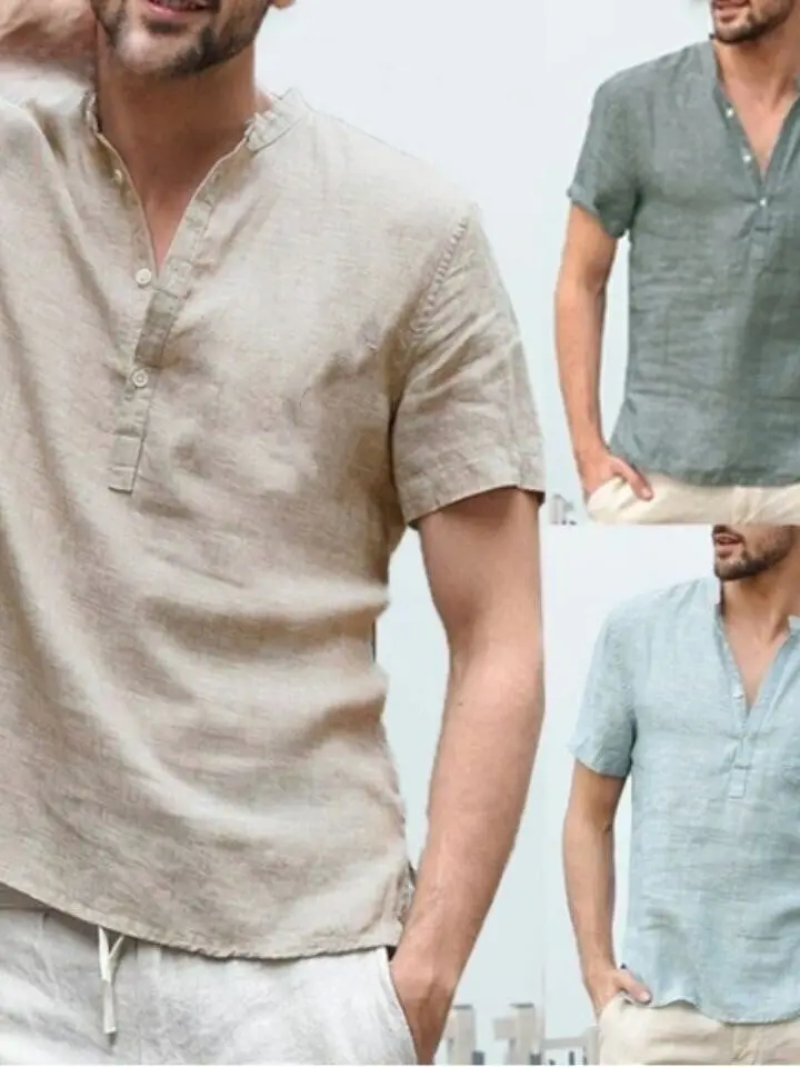 

Summer New Cotton Linen Short Sleeve Men's T-Shirt Stand Collar Button Half Open Simple Short Sleeve Shirt Citywalk Breathable