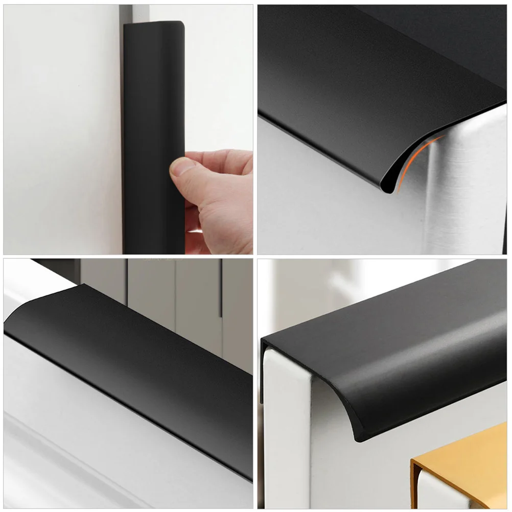 

10pcs Hidden Finger Pull Handle Black Arc Aluminum Cabinet Pulls No Drill Installation Furniture Handles Invisible Pull For