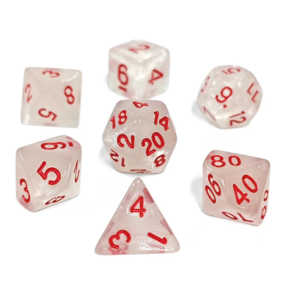 7PCS Glitter White Swirl DND Dice Set, Marbled Polyhedral Dice with Red Numbers for D&D, TTRPG & Tabletop RPG Games