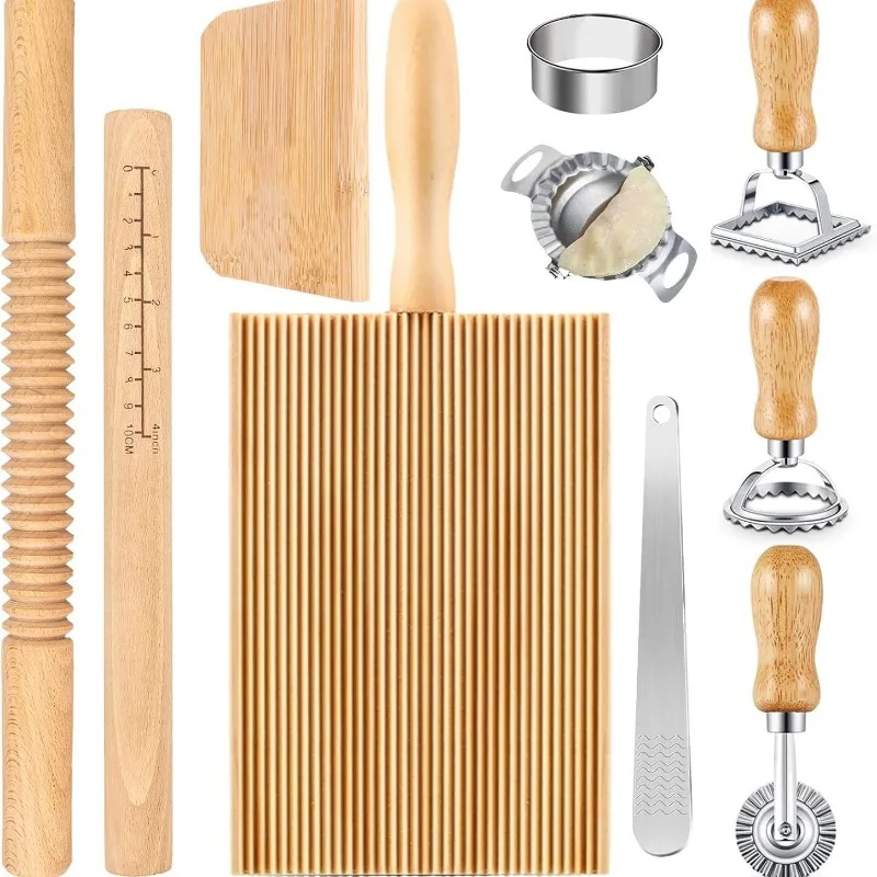 10-Piece Wooden Pasta Making Kit, Measuring Rolling Pin & Dumpling Press Set for Ravioli & Wonton