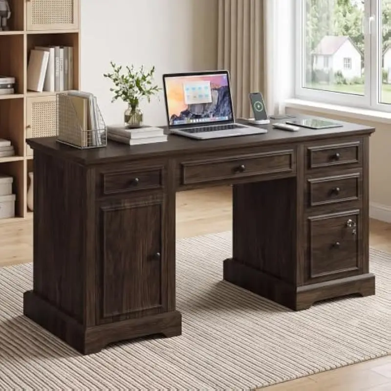 59 Inch Rustic Wood Executive Desk Featuring Lockable File Cabinet, 5-Drawer Storage System, Built-In AC & USB Power Ports, Poli