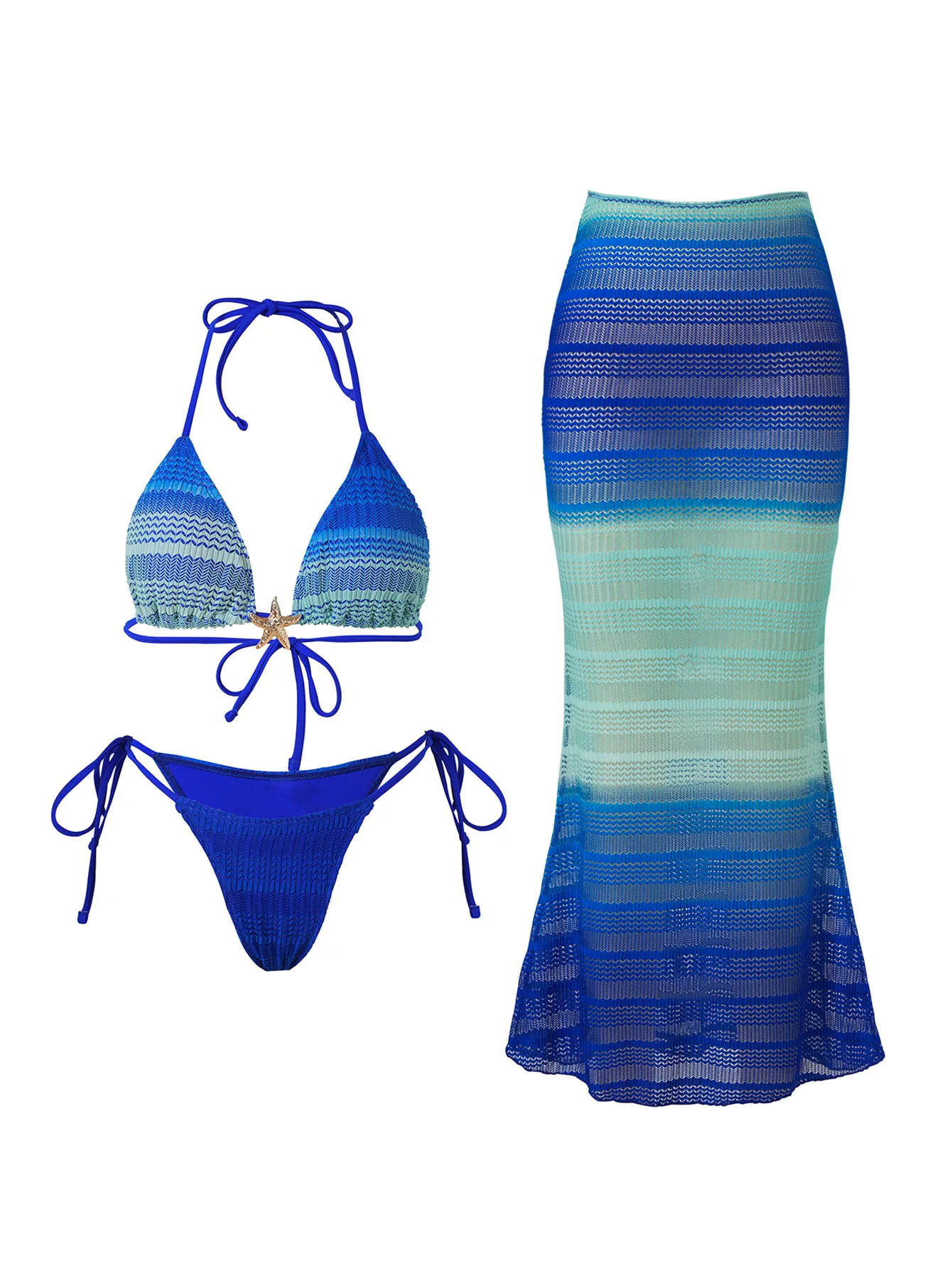 

Sexy Blue Gradient Striped Bikini Set 2026 Women Metal Starfish Push Up Long Skirt 3 Piece Swimsuit Beach Bathing Suit Swimwear