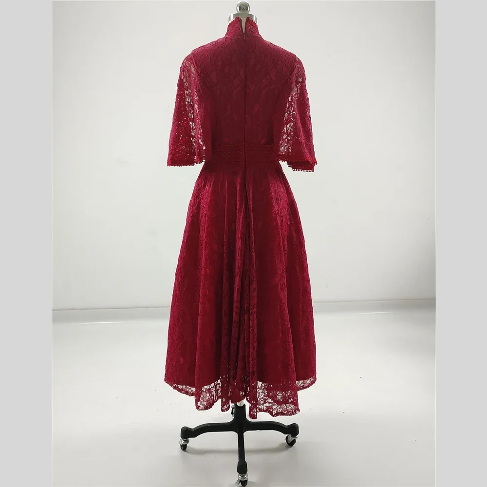 Robe de soirée en dentelle bordeaux classique pour femme, col haut, demi-manches, fermeture éclair, longueur de thé, robe trapèze, grande taille, personnalisée, robe de Rhformelle