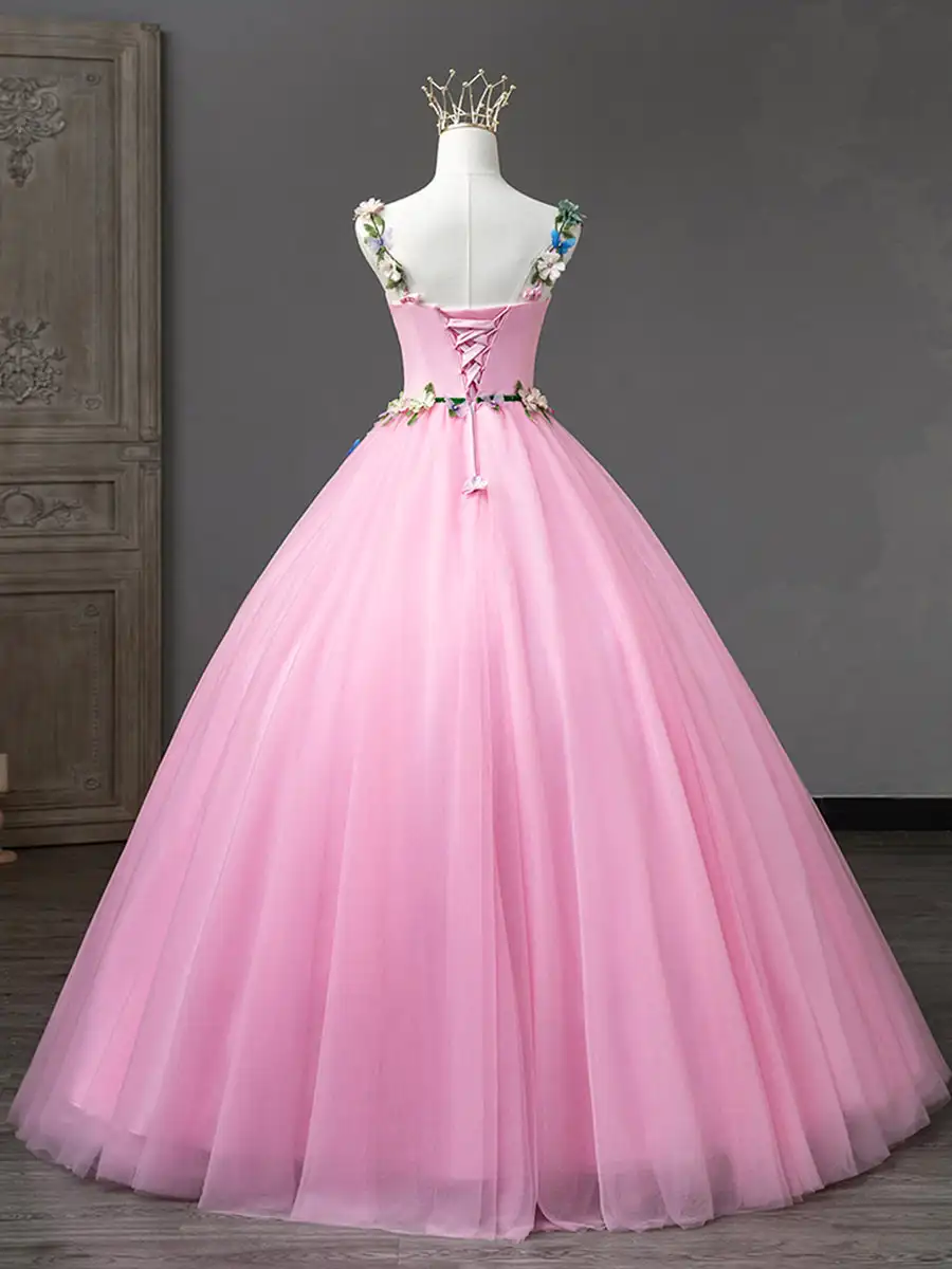 custom Cute Pink Embroidered Flower Appliques Tulle Wedding Dress  Birthday Party Ball Gown Quinceanera Dresses Vestidos