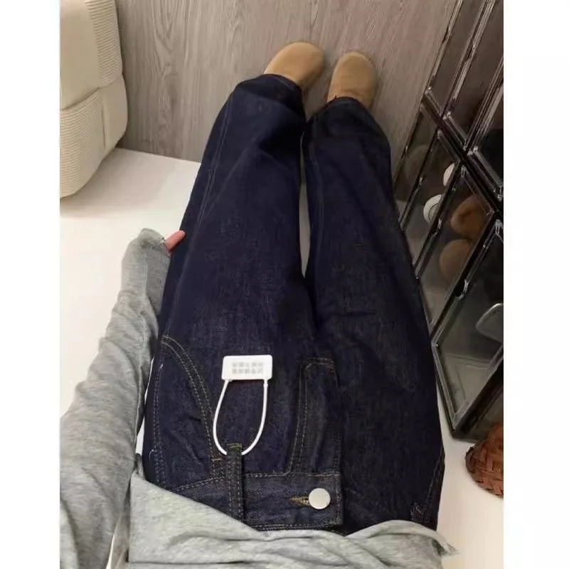 Plus size cintura alta perna larga azul jeans feminino outono inverno novo sle pêra ape retro cintura alta calças de corte reto commute sle