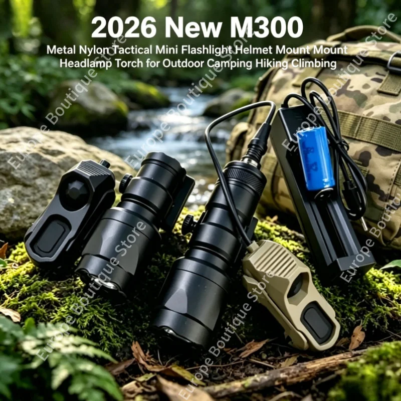 

2026 New M300 Metal Nylon Tactical Mini Flashlight Helmet Mount Headlamp Torch for Outdoor Camping Hiking Climbing